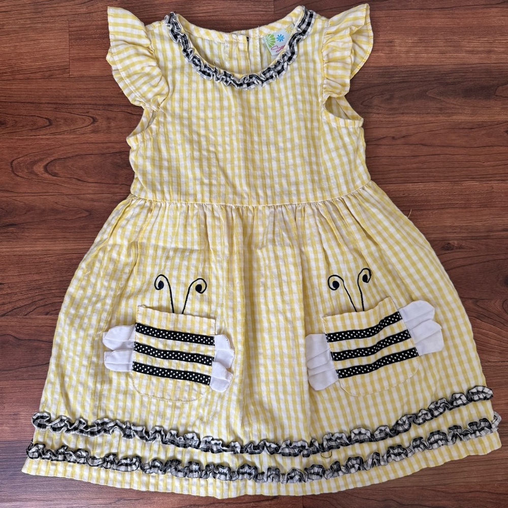 Samara | Yellow Gingham Dress with Bumblebee Design